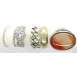 Six mixed 925 silver rings, mixed sizes, one set with a large panel of agate. P&P Group 1 (£14+VAT