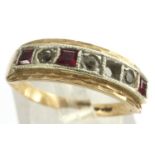 9ct gold half eternity ring set with rubies and topaz, size L, one stone missing, 2.4g. P&P Group