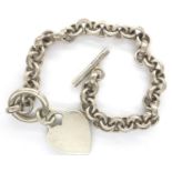 Heavy gauge 925 silver T-bar bracelet with heart charm, bracelet L: 19 cm. P&P Group 1 (£14+VAT