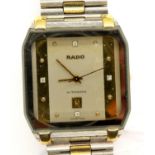 RADO: gents automatic tank style wristwatch, with rectangular two-tone silver and gold dial, date