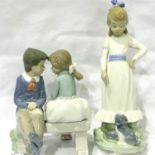 Two Nao figurines, courting couple, and a girl with dog, largest H: 24 cm, no cracks or chips. P&P
