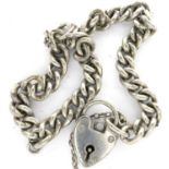 William J Sutton, hallmarked silver curb chain bracelet with heart padlock and safety chain,