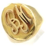 Continental presumed 9ct gold signet ring with raised cypher BM, size U, 7.5g, unmarked. P&P Group 1