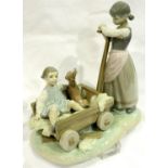 Lladro girl with cart figurine, H: 22 cm, no cracks or chips or scratches there is no crazing,