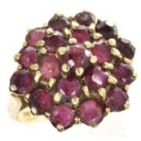 9ct gold cluster ring set with rubies, size R, 4.4g. Cluster of rubies measures, D: 20 mm, depth/