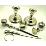 Collection of mixed sterling silver items, and a pair of hallmarked silver candlesticks, combined