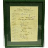 1948 Australian Cricket Tourists signed team sheet, Bradman Captain. Excluding frame: P&P Group