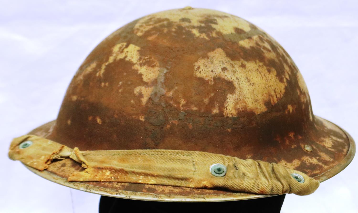 WWII British MK II helmet, painted in Malta camouflage. P&P Group 2 (£18+VAT for the first lot