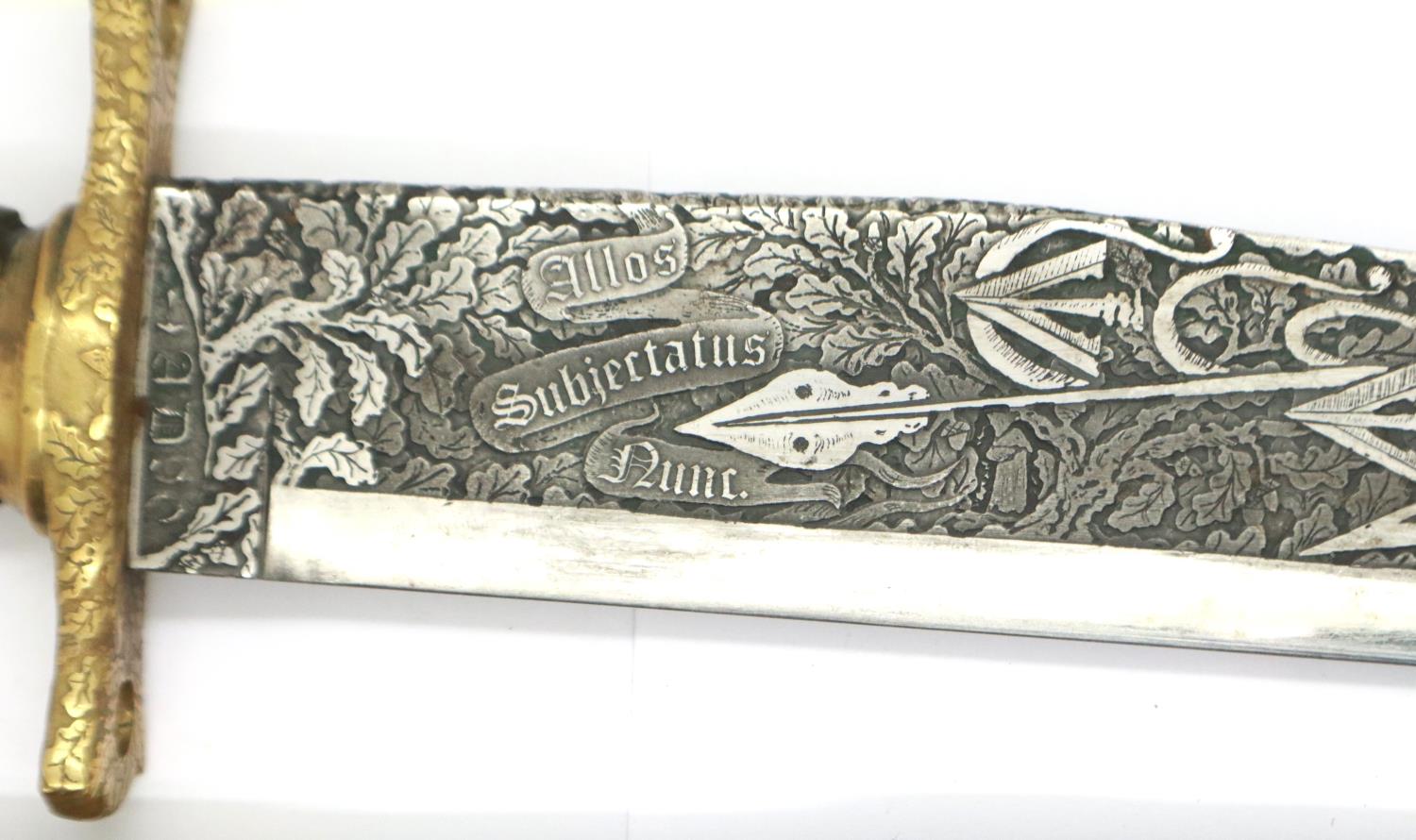 Large Bowie knife with Russian style hilt, etched and engraved, with brass mounted leather sheath, - Image 2 of 4