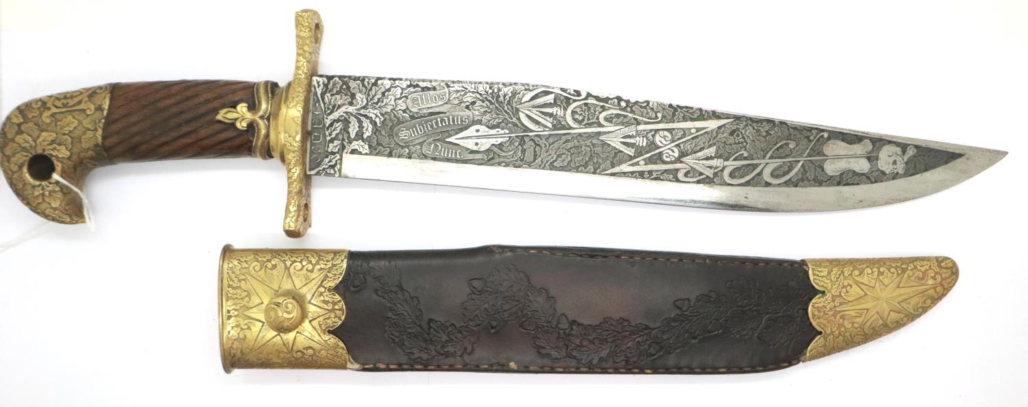 Large Bowie knife with Russian style hilt, etched and engraved, with brass mounted leather sheath,