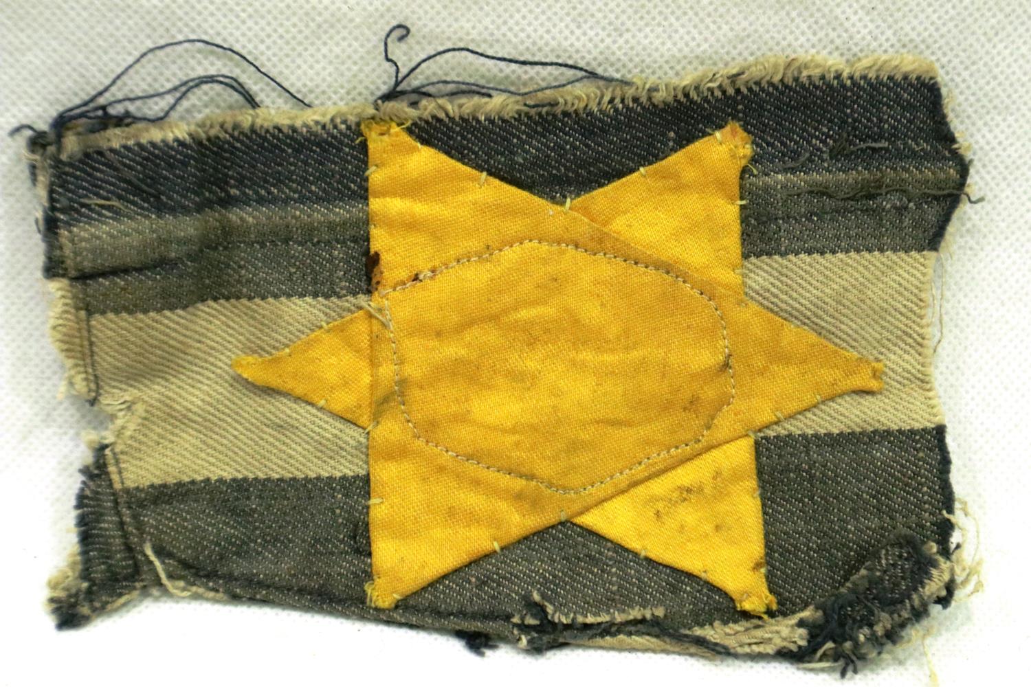 Third Reich period handmade Jewish Star fabric badge stitched to prison camp cloth fragment. P&P