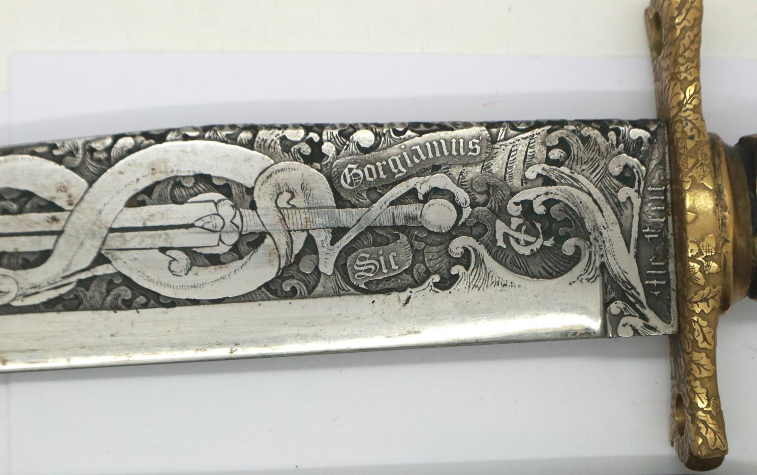 Large Bowie knife with Russian style hilt, etched and engraved, with brass mounted leather sheath, - Image 4 of 4