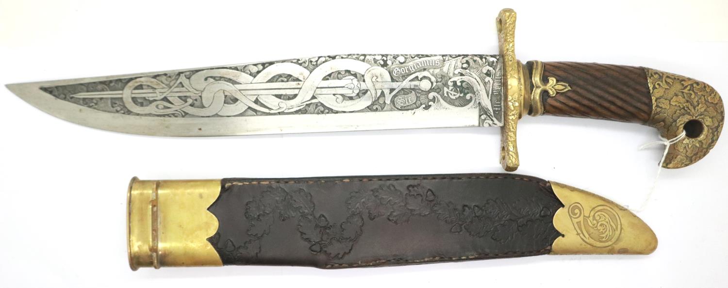 Large Bowie knife with Russian style hilt, etched and engraved, with brass mounted leather sheath, - Image 3 of 4