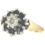 9ct gold cluster ring set with a single diamond and sapphires, size P, 2.0g. P&P Group 1 (£14+VAT