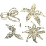 Four 925 silver marcasite brooches, largest D: 50 mm. P&P Group 1 (£14+VAT for the first lot and £