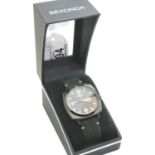 Sekonda: 50 metres gents wristwatch with day date aperture on a suede strap, boxed, working at