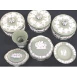 Collection of Wedgwood Jasperware ceramics, each with applied white over sage green decoration,