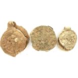 Three lead workhouse bag seal tokens, approx D: 15 mm. P&P Group 0 (£5+VAT for the first lot and £