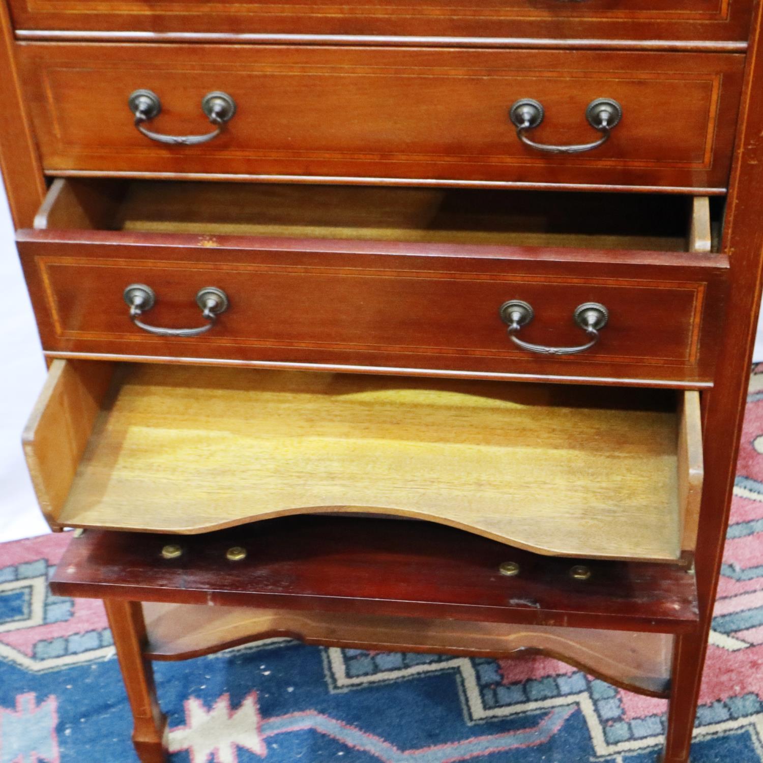 An Edwardian inlaid walnut music chest comprising flight of five drawers with hinged fascias, 53 x - Image 3 of 6