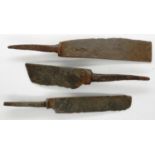 Three Medieval crafting blades with Blacksmith house markings, L: 105 mm. P&P Group 0 (£5+VAT for