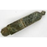 Iron Age strap end with simple design and flower terminal, L: 45 mm. P&P Group 0 (£5+VAT for the