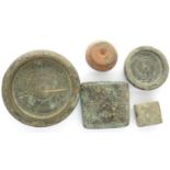 Five Medieval copper/bronze trade weights. P&P Group 0 (£5+VAT for the first lot and £1+VAT for