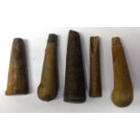 Five wooden Industrial Age blade handles, largest L: 90 mm. P&P Group 0 (£5+VAT for the first lot