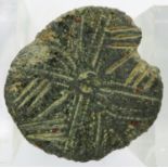 Early bronze Geometric button, crudely engraved, D: 15 mm. P&P Group 0 (£5+VAT for the first lot and