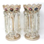 Pair of Victorian glass lustres, H: 30 cm, lacking one drop. Small chips to a few drops and gilt