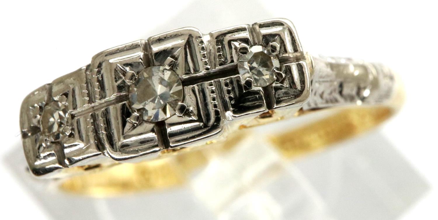 18ct gold Art Deco style diamond set trilogy ring, size L, 2.6g. P&P Group 1 (£14+VAT for the