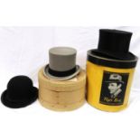 Two hat boxes with two top hats and a bowler hat. Not available for in-house P&P