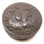 Japanese bronzed white metal covered circular box, with lovebird and foliage design, D: 80 mm. P&P