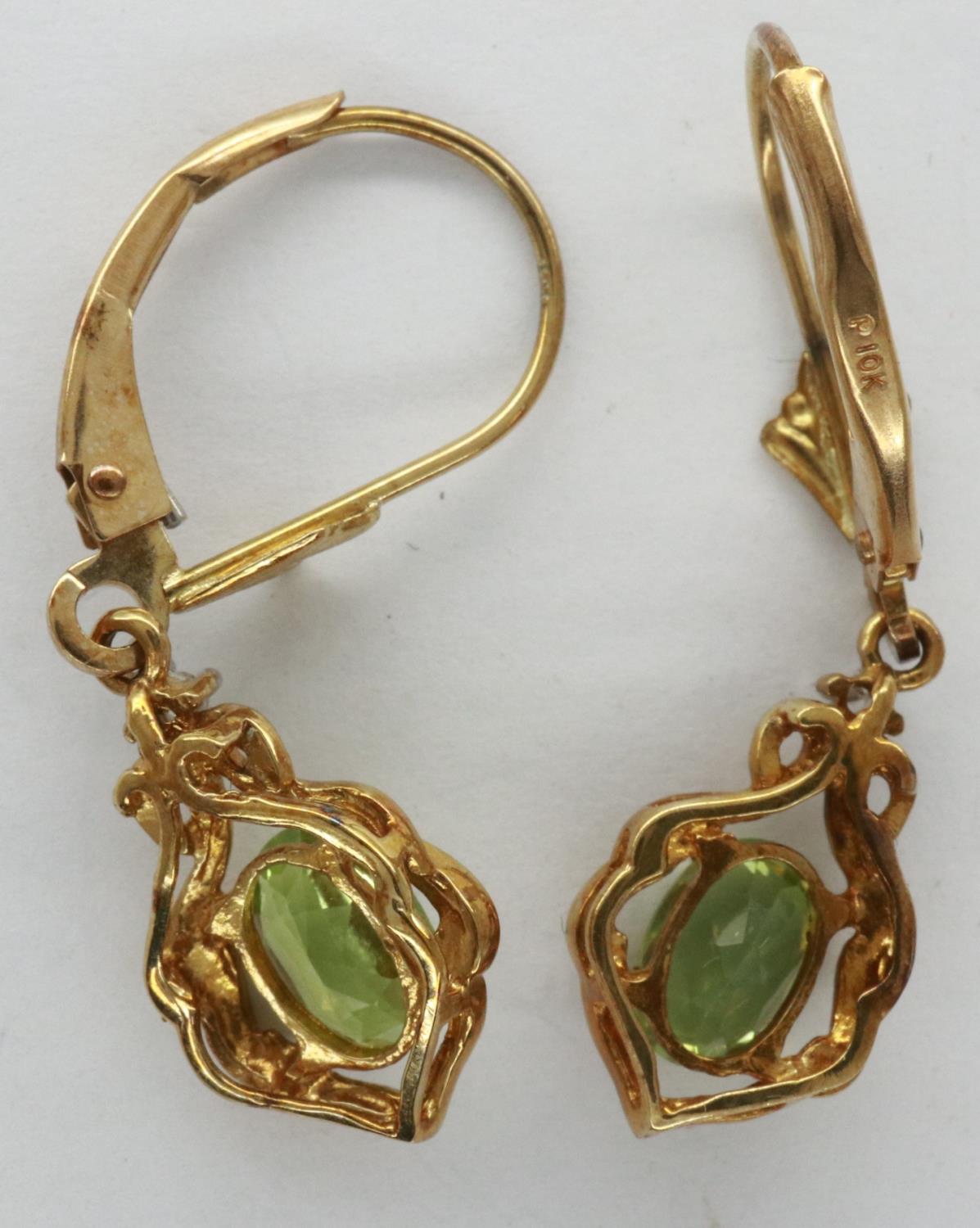 Pair of 10ct gold diamond and emerald drop earrings, drop H: 30 mm, combined 1.8g. P&P Group 1 (£ - Image 2 of 4
