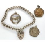 925 silver bracelet and three silver pendants, largest pendant H: 30 mm, bracelet L: 18 cm. P&P