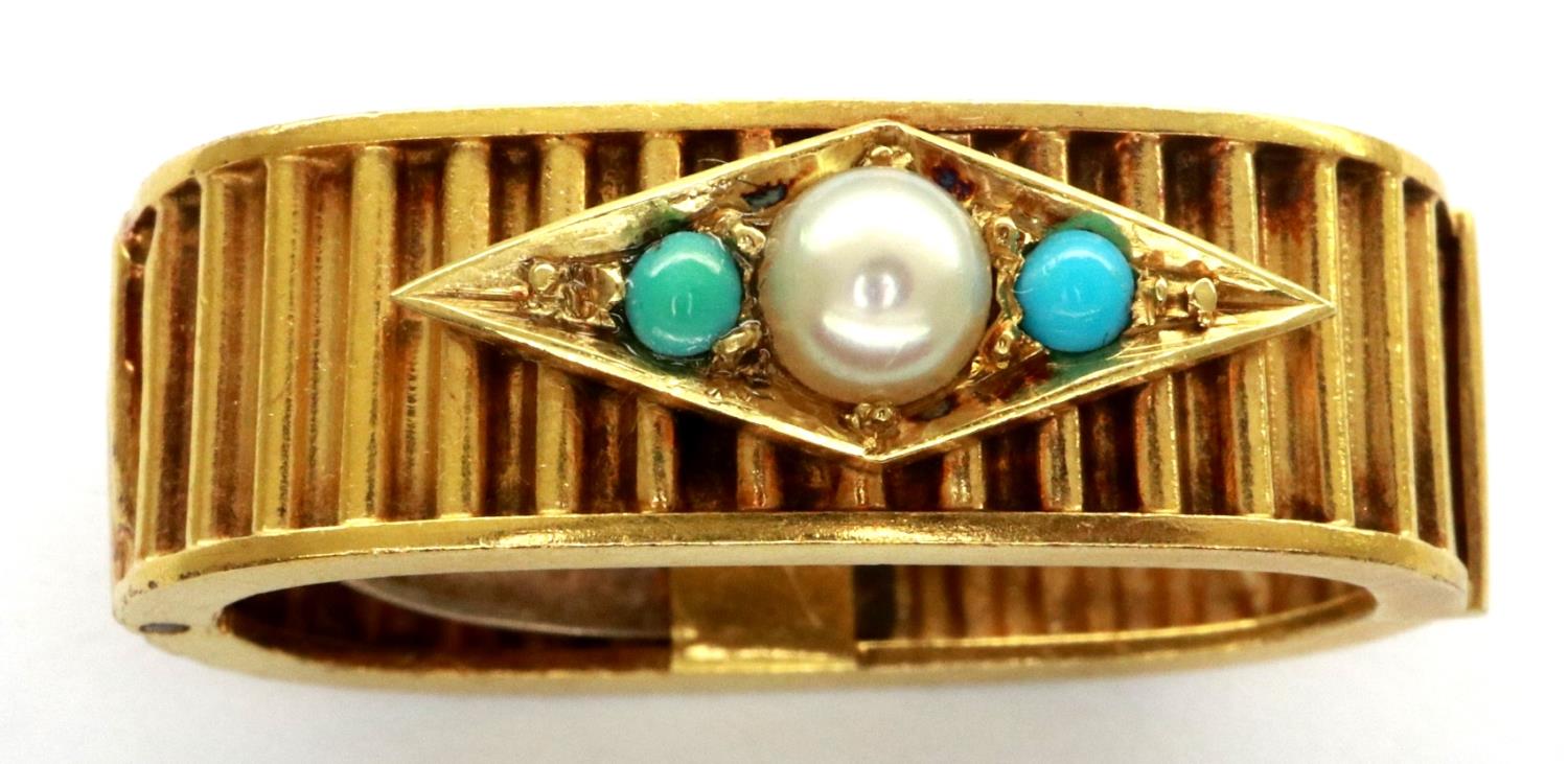 15ct gold seed pearl and turquoise mounted scarf clip, L: 25 mm, 4.9g. P&P Group 1 (£14+VAT for