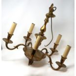 Large five sconce heavy brass ceiling light, H: 52 cm. P&P Group 3 (£25+VAT for the first lot and £