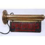 Vintage brass directions sign for enquiries, red levelling on glass illuminated sign by