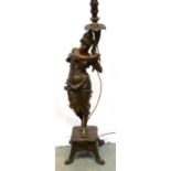 Large spelter figural lamp, H: 62 cm, no visible damages/restoration to figural base, features are