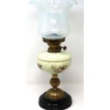 Victorian paraffin lamp with milk glass reservoir, H: 60 cm. Not available for in-house P&P