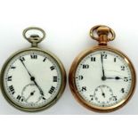 Two open face crown wind pocket watches, one with a gold plated Denison case, both working at