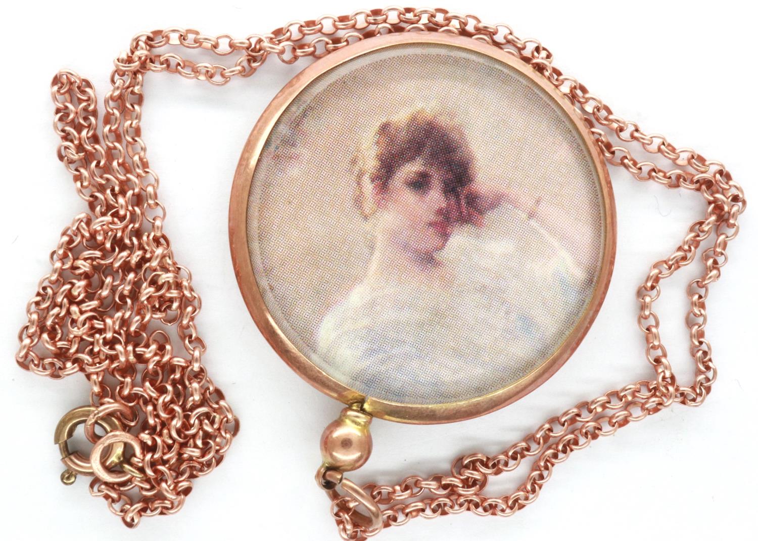 9ct rose gold pendant necklace featuring a portrait of a young lady, chain L: 54 cm, 3.2g. P&P Group