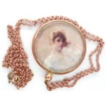 9ct rose gold pendant necklace featuring a portrait of a young lady, chain L: 54 cm, 3.2g. P&P Group