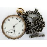 Pewter crown wind pocket watch and chain, chain L: 30 cm, working at lotting. P&P Group 1 (£14+VAT
