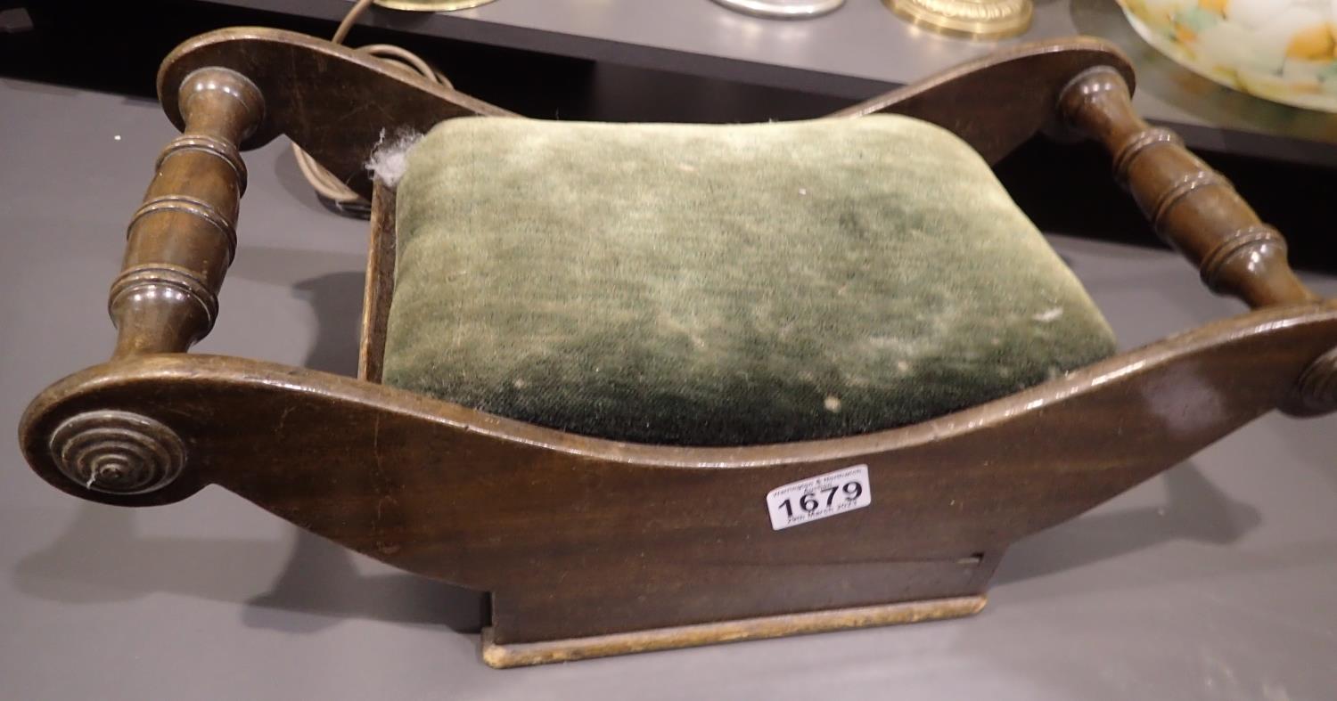 Victorian mahogany foot stool with green upholstery, 50 x 20 x 25 cm H. Not available for in-house