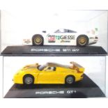 Two Scalextric GT 1 cars to include Porsche 911 GT 1 and Porsche GT1 yellow, both in excellent