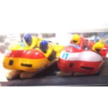 Two Scalextric motorbike and sidecars; Yellow no 18 and Red no 11 in very good condition, plastic