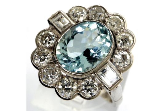 18ct white gold, aquamarine and old cut diamond ring, size O/P, 5.0g. Central aquamarine - Image 1 of 3