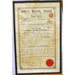 Officers Brewery Limited debenture certificate, framed, 50 x 31 cm. Not available for in-house P&P