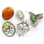 Five 925 silver and white metal stone set brooches, largest H: 45 mm. P&P Group 1 (£14+VAT for the