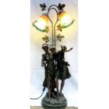 Large figural table lamp, in the Art Nouveau manner, with two coloured glass shades, overall H: 96